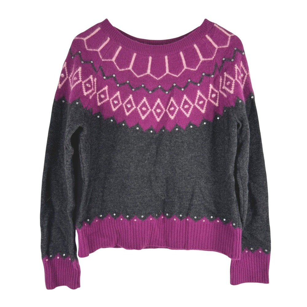 VTG! Context Wool Angora Blend Fair Isle Sequin Sweater Magenta Charcoal Gray XL
